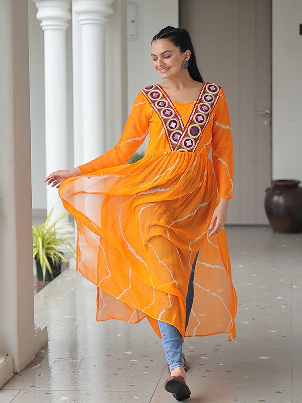 Yellow Laheriya Printed Kutchi Patchwork Georgette Long Kurti