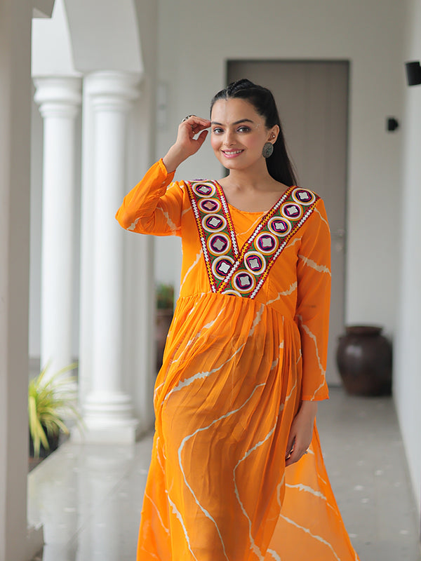 Yellow Laheriya Printed Kutchi Patchwork Georgette Long Kurti