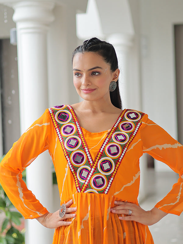 Yellow Laheriya Printed Kutchi Patchwork Georgette Long Kurti