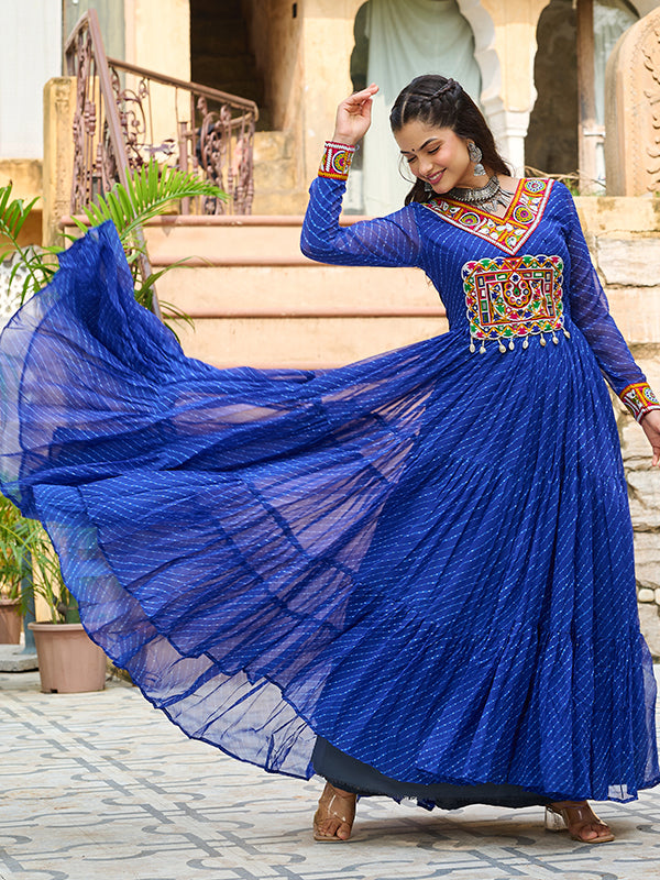 Blue Laheriya Printed kutchi Patch Work Georgette Gown