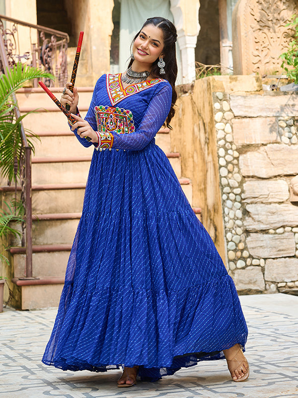 Blue Laheriya Printed kutchi Patch Work Georgette Gown