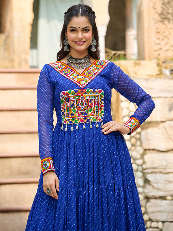 Blue Laheriya Printed kutchi Patch Work Georgette Gown