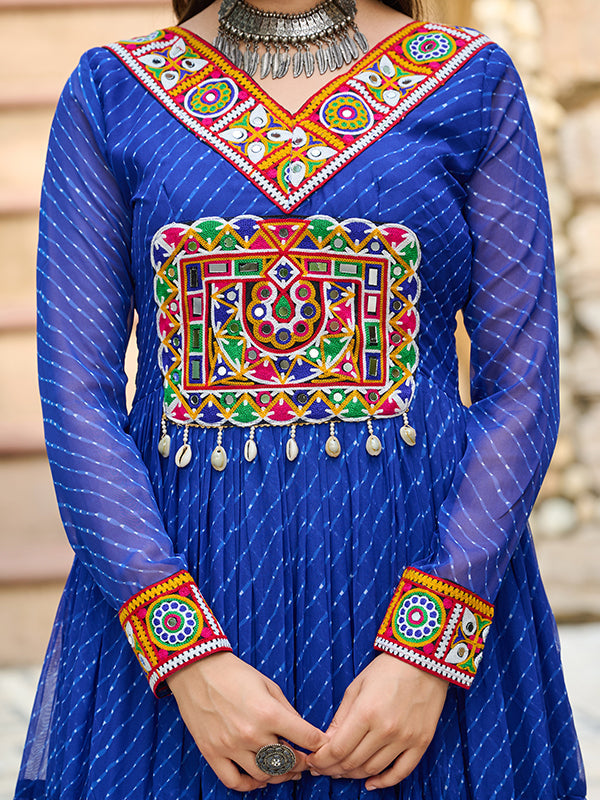 Blue Laheriya Printed kutchi Patch Work Georgette Gown