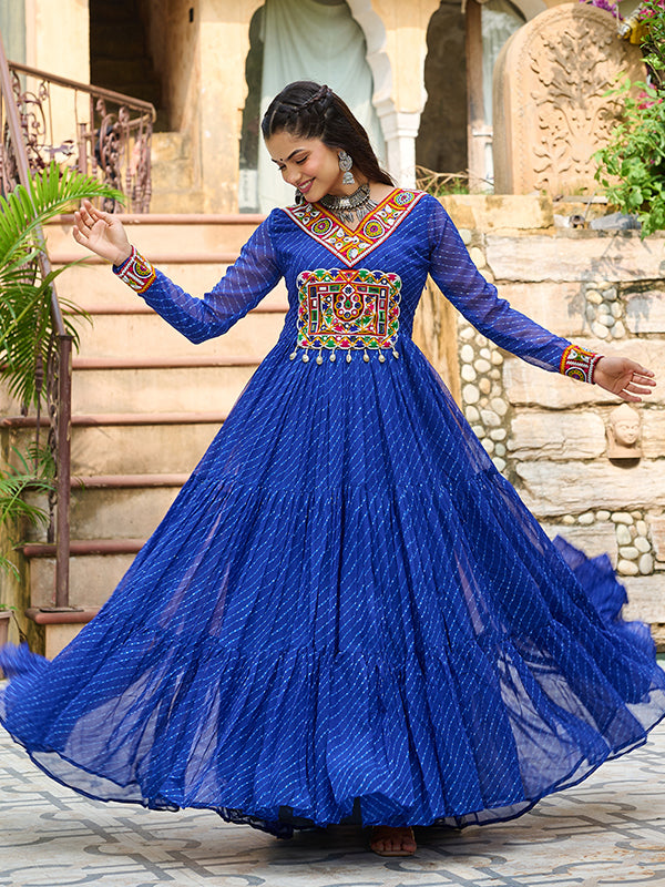 Blue Laheriya Printed kutchi Patch Work Georgette Gown