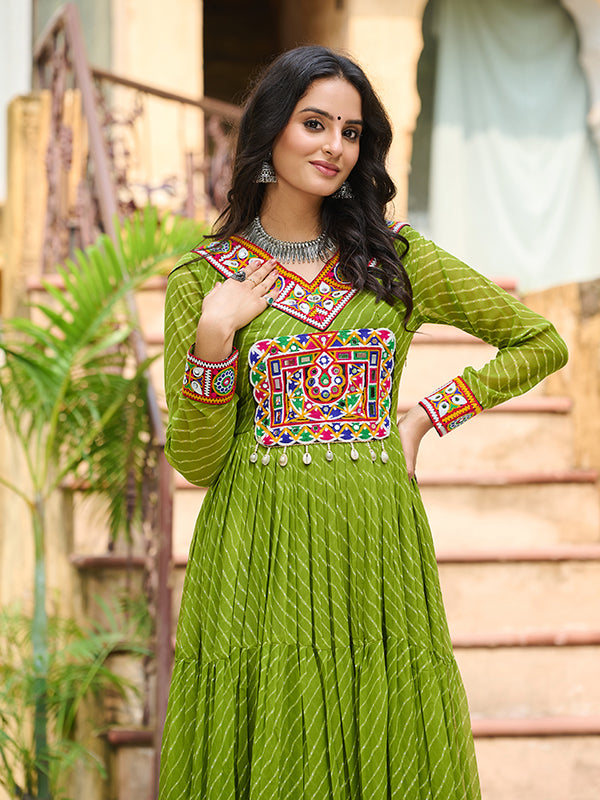 Parrot Green Laheriya Printed kutchi Patch Work Georgette Gown