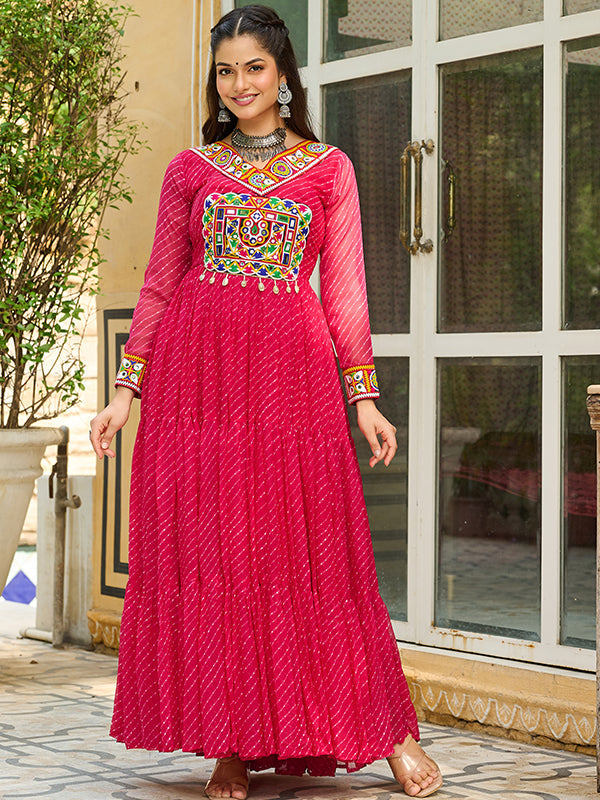 Pink Laheriya Printed kutchi Patch Work Georgette Gown