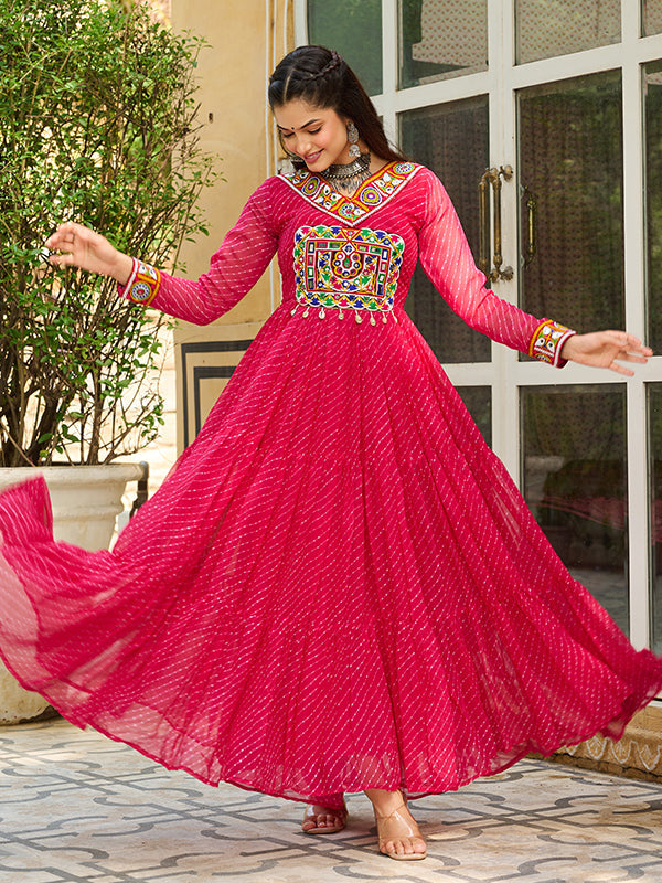 Pink Laheriya Printed kutchi Patch Work Georgette Gown