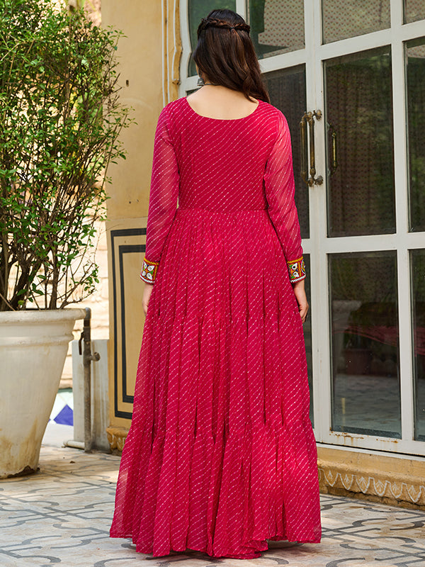 Pink Laheriya Printed kutchi Patch Work Georgette Gown