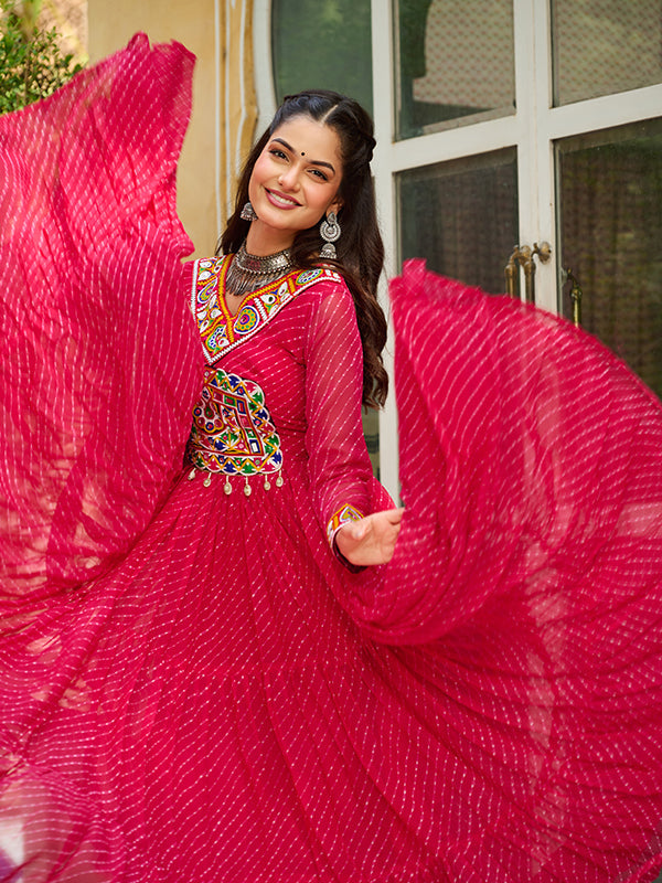 Pink Laheriya Printed kutchi Patch Work Georgette Gown