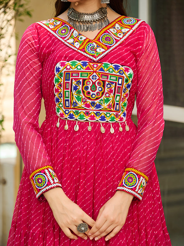 Pink Laheriya Printed kutchi Patch Work Georgette Gown