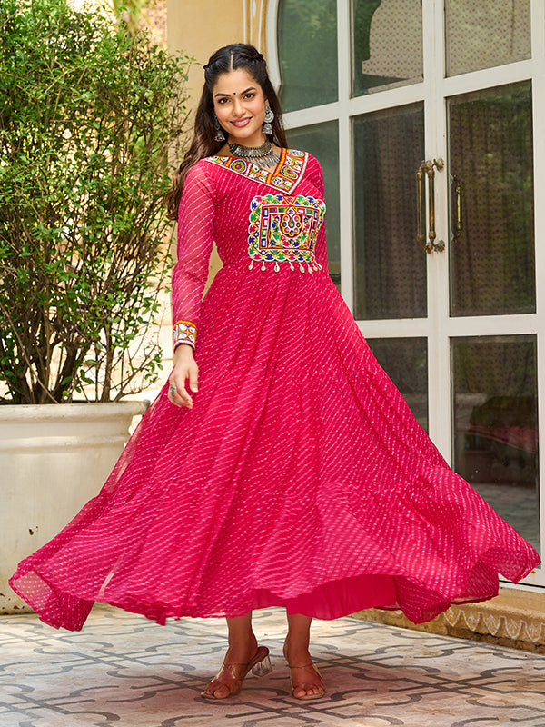 Pink Laheriya Printed kutchi Patch Work Georgette Gown