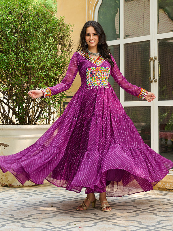 Wine Laheriya Printed kutchi Patch Work Georgette Gown