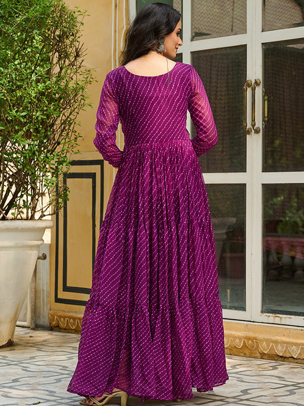 Wine Laheriya Printed kutchi Patch Work Georgette Gown