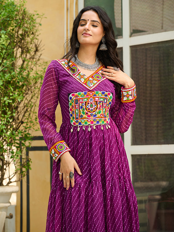 Wine Laheriya Printed kutchi Patch Work Georgette Gown
