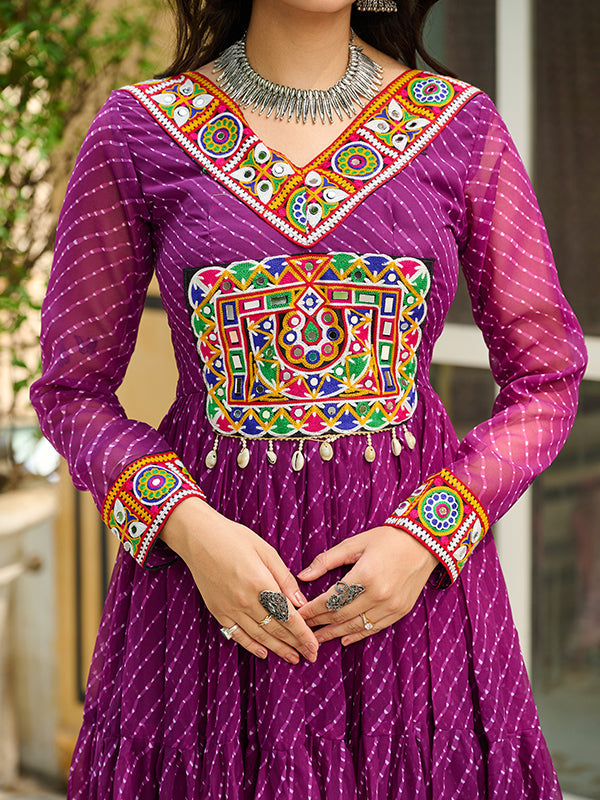 Wine Laheriya Printed kutchi Patch Work Georgette Gown