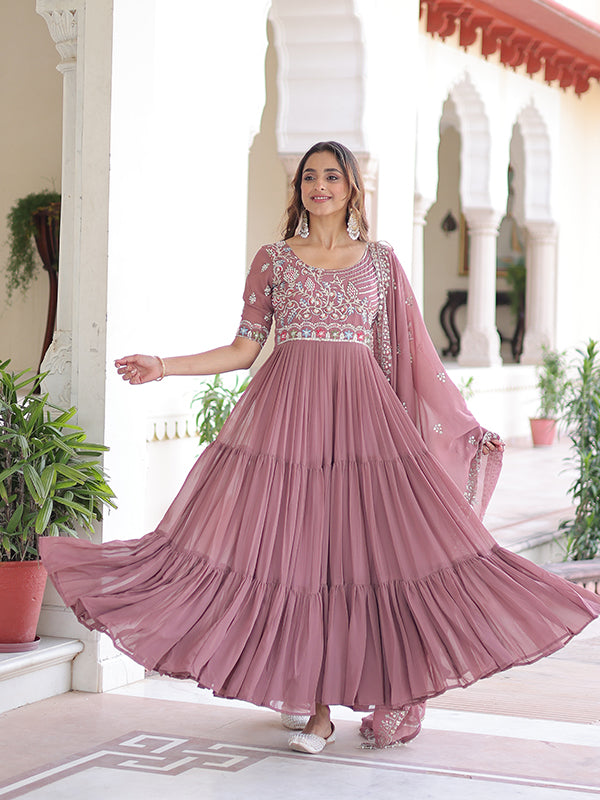 Peach Multithreaded Beads Work Georgette Gown With Dupatta