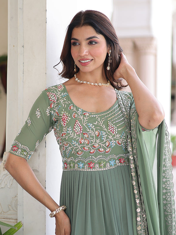 Pista Green Multithreaded Beads Work Georgette Gown With Dupatta