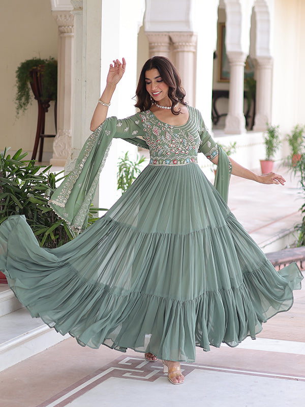 Pista Green Multithreaded Beads Work Georgette Gown With Dupatta