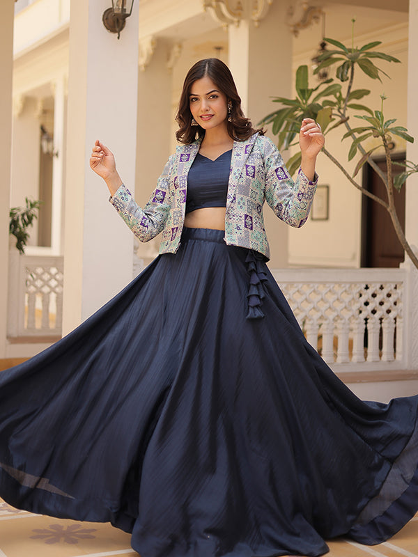 Rama Blue Chinon Lehenga Choli With Jquard Designer Koti