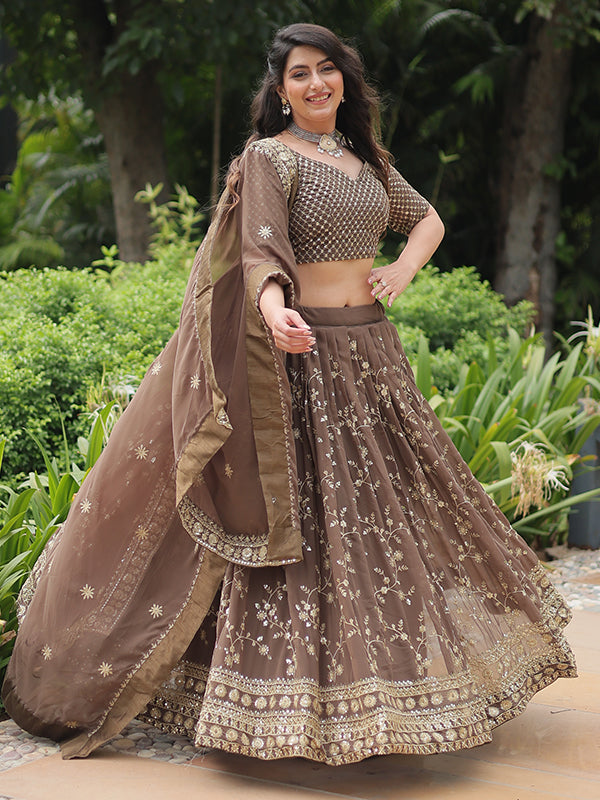 Brown Faux Blooming With Embroidered Sequins Lehenga Choli