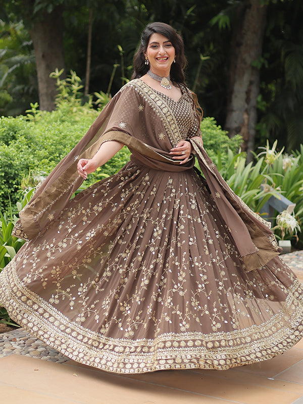 Brown Faux Blooming With Embroidered Sequins Lehenga Choli