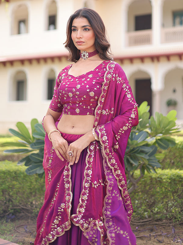 Dark Pink Sequins Thread Work Fendi Silk Lehenga Choli With Dupatta