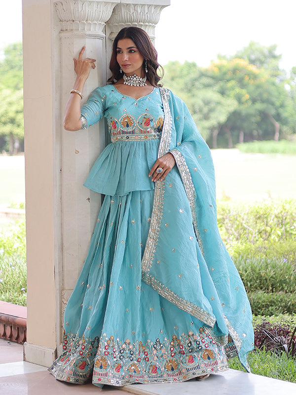 Sky Blue Embroidery Sequins Work Peplum Gold Crush Top With Lehenga & Dupatta