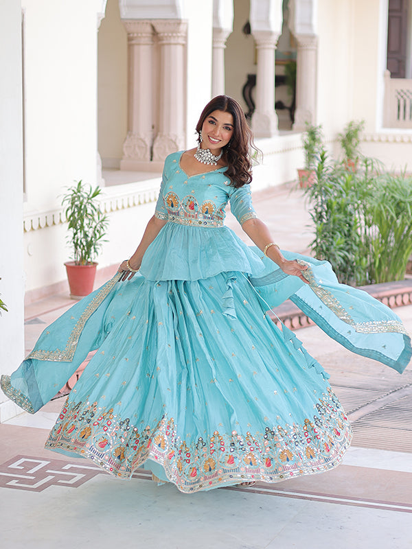 Sky Blue Embroidery Sequins Work Peplum Gold Crush Top With Lehenga & Dupatta