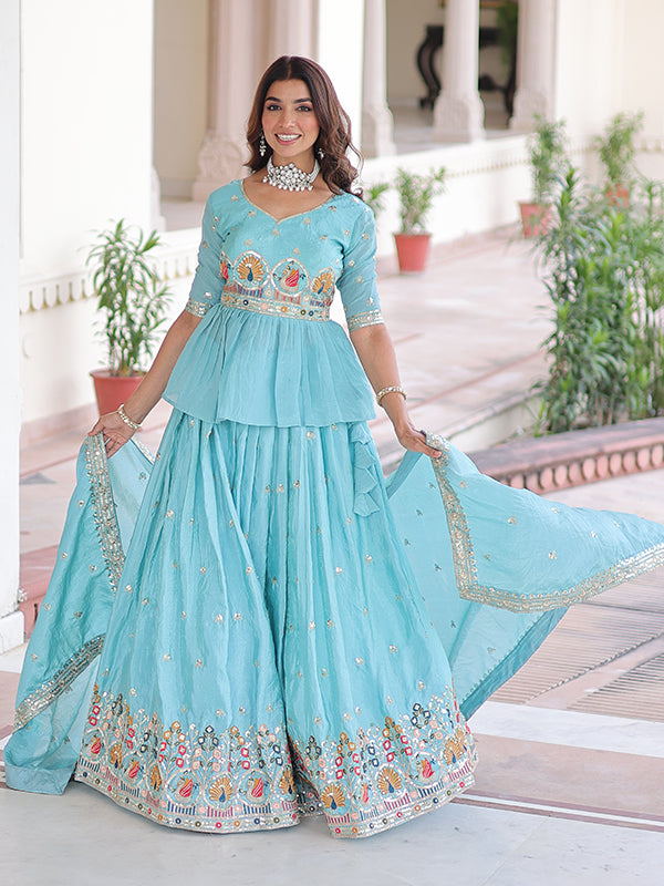 Sky Blue Embroidery Sequins Work Peplum Gold Crush Top With Lehenga & Dupatta