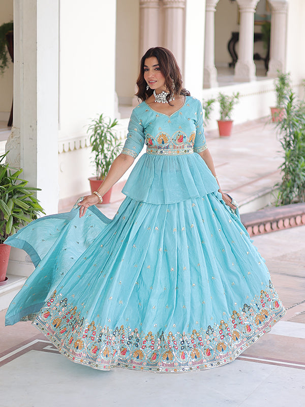 Sky Blue Embroidery Sequins Work Peplum Gold Crush Top With Lehenga & Dupatta