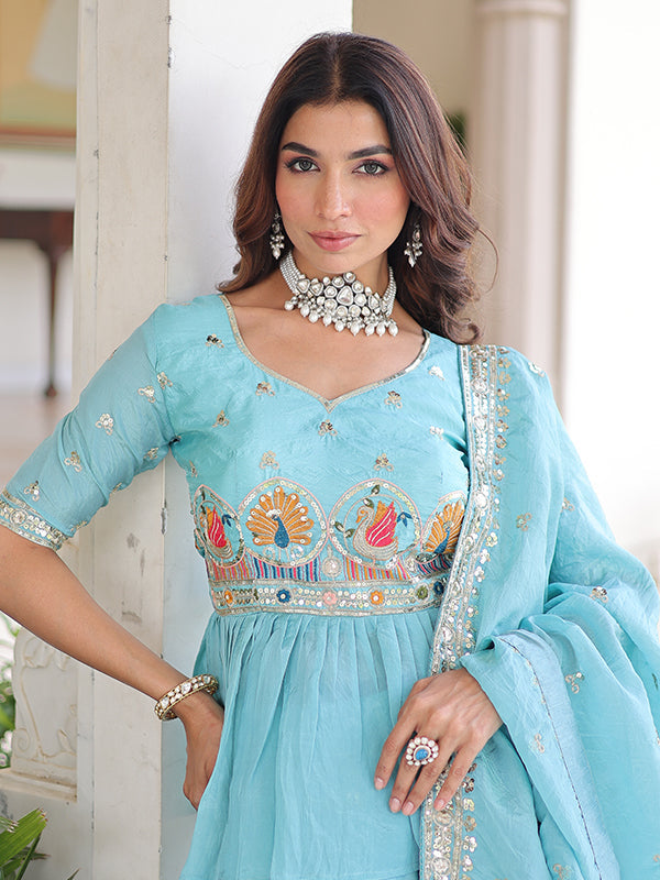 Sky Blue Embroidery Sequins Work Peplum Gold Crush Top With Lehenga & Dupatta