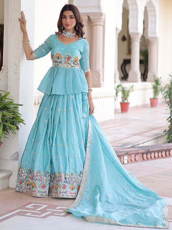 Sky Blue Embroidery Sequins Work Peplum Gold Crush Top With Lehenga & Dupatta