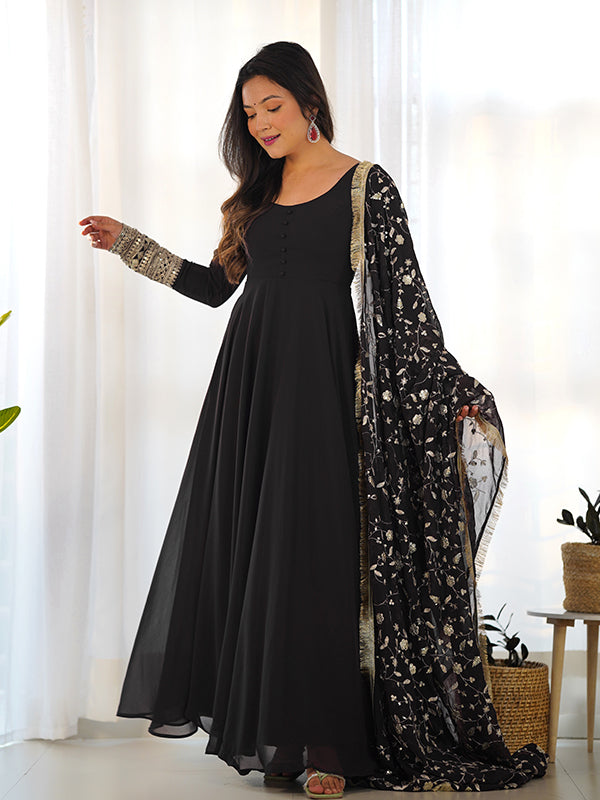 Black Anarkali Georgette Gown With Golden Dupatta Set