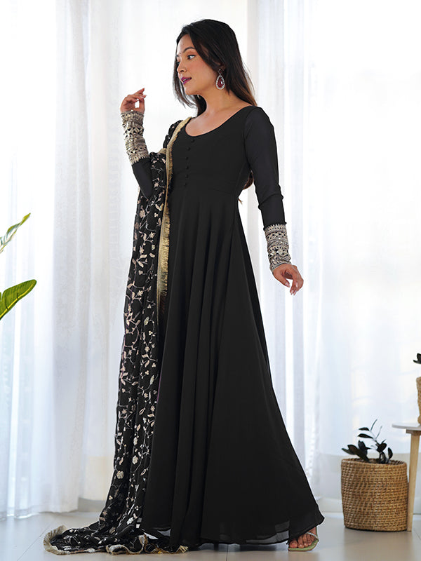 Black Anarkali Georgette Gown With Golden Dupatta Set