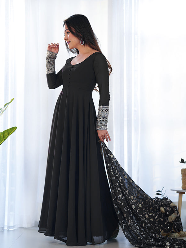 Black Anarkali Georgette Gown With Golden Dupatta Set