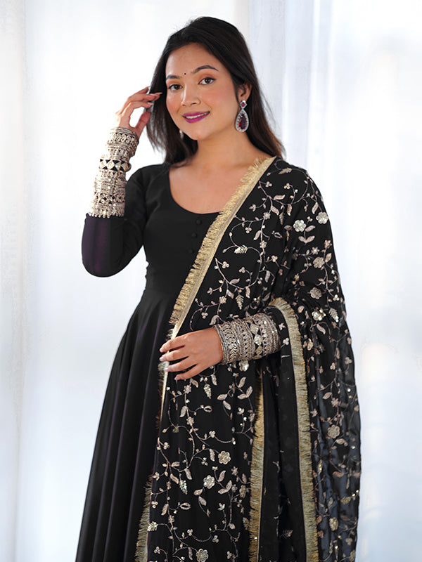 Black Anarkali Georgette Gown With Golden Dupatta Set