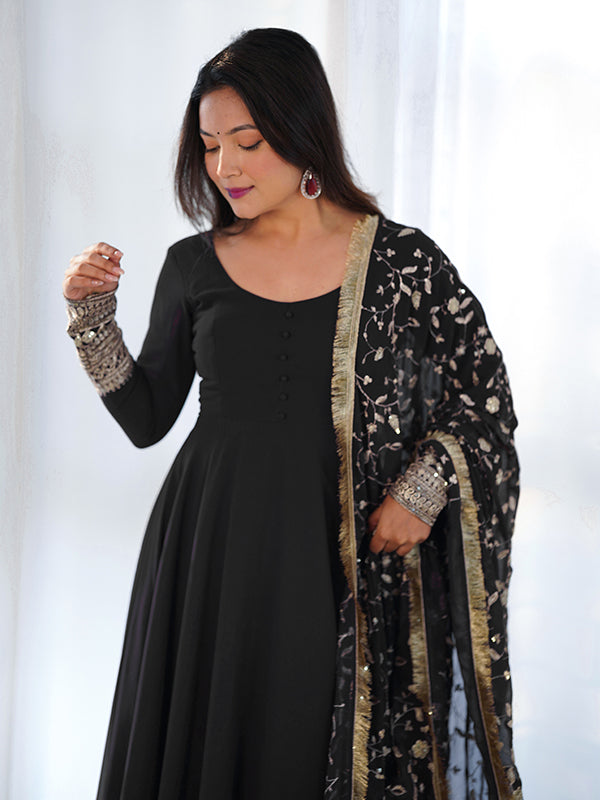 Black Anarkali Georgette Gown With Golden Dupatta Set