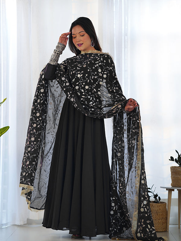 Black Anarkali Georgette Gown With Golden Dupatta Set