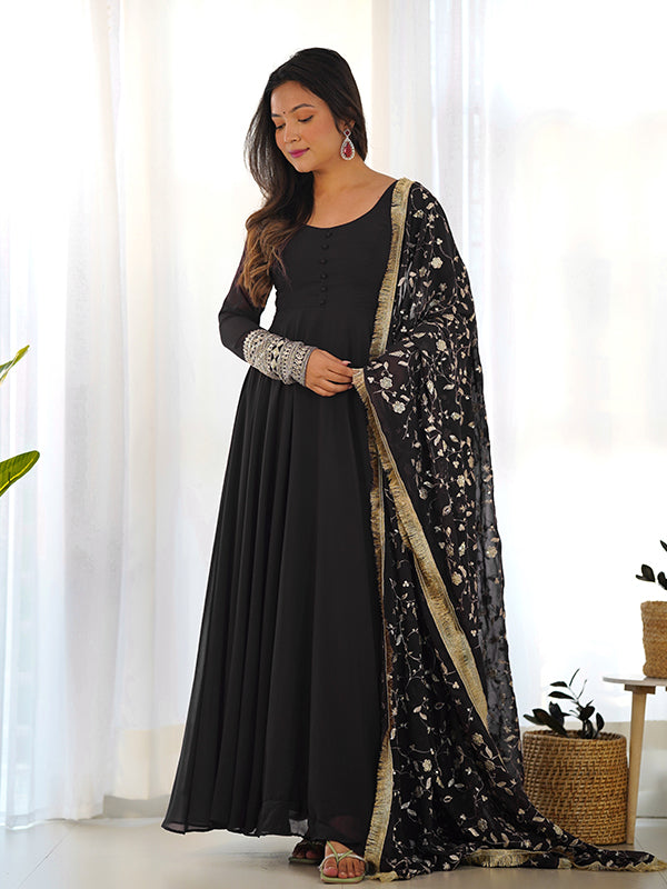 Black Anarkali Georgette Gown With Golden Dupatta Set