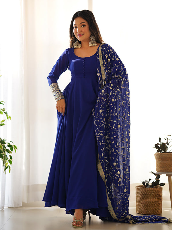 Royal Blue Anarkali Georgette Gown With Golden Dupatta Set