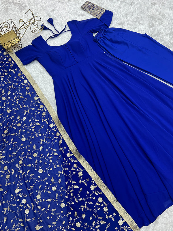 Royal Blue Anarkali Georgette Gown With Golden Dupatta Set