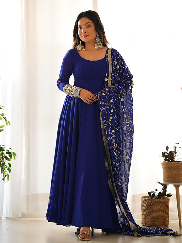 Royal Blue Anarkali Georgette Gown With Golden Dupatta Set