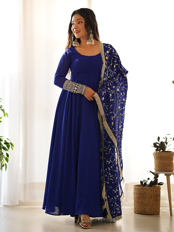 Royal Blue Anarkali Georgette Gown With Golden Dupatta Set