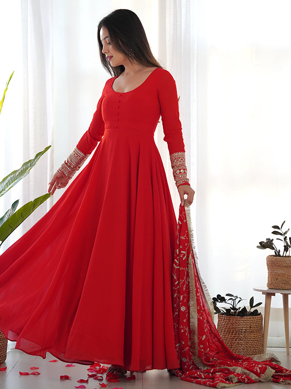 Red Anarkali Georgette Gown With Golden Dupatta Set