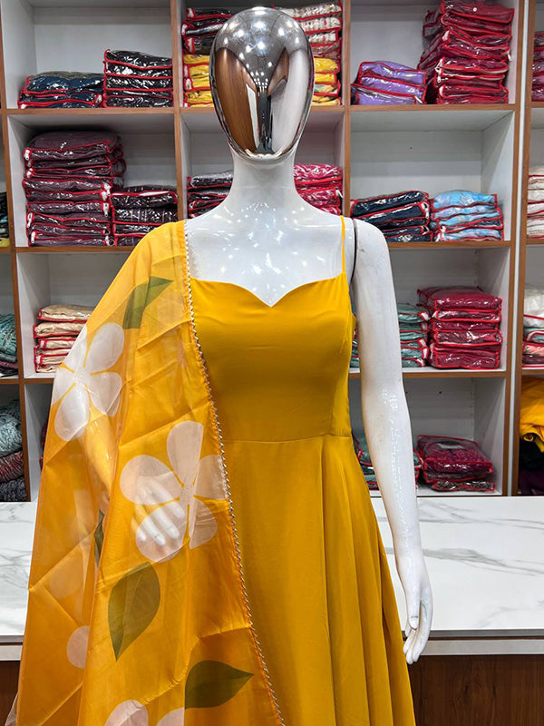 Yellow Georgette Plain Gown With Printed Dupatta Set