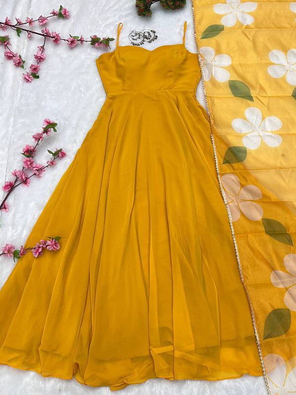 Yellow Georgette Plain Gown With Printed Dupatta Set