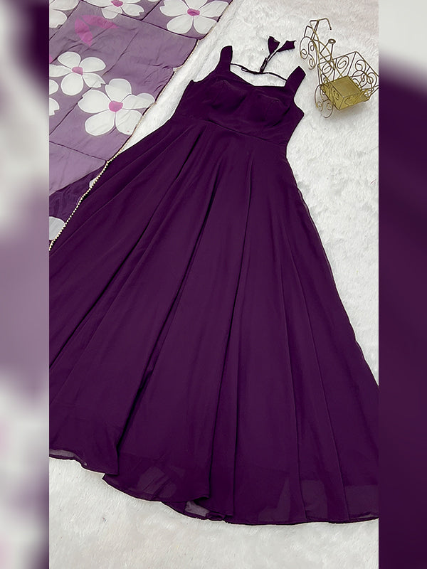 Purple Georgette Plain Gown With Printed Dupatta Set