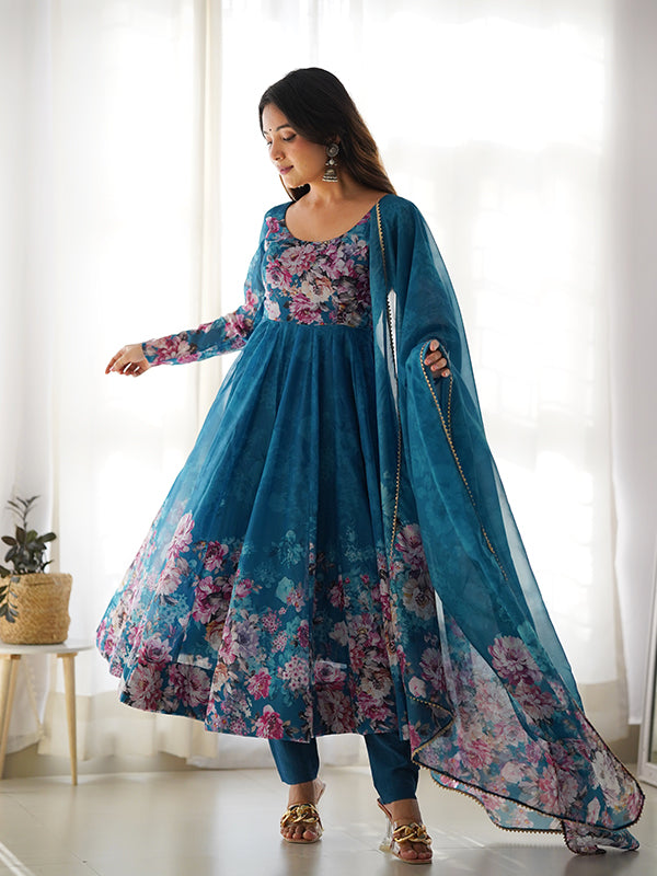 Blue Flower Printed Anarkali Kurti With Pant & Dupatta Set