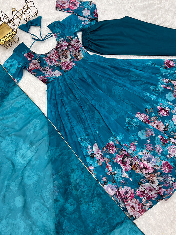 Blue Flower Printed Anarkali Kurti With Pant & Dupatta Set