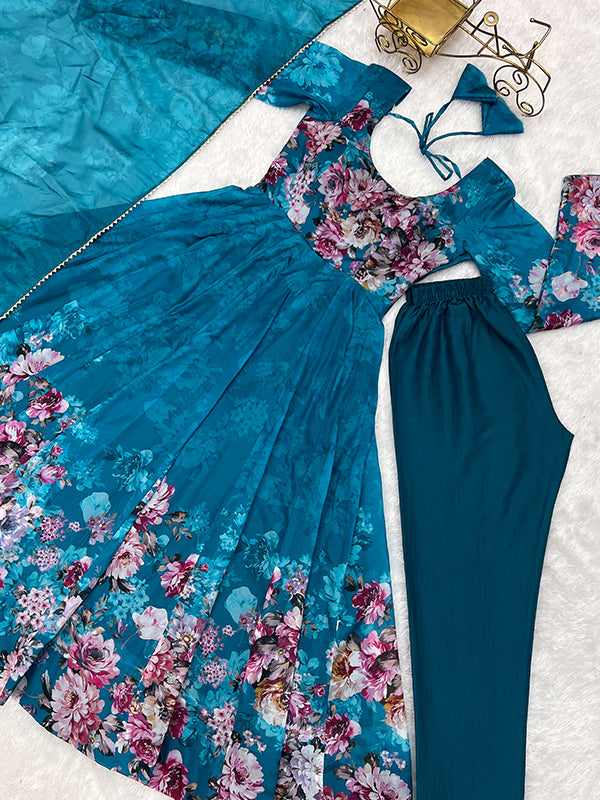 Blue Flower Printed Anarkali Kurti With Pant & Dupatta Set